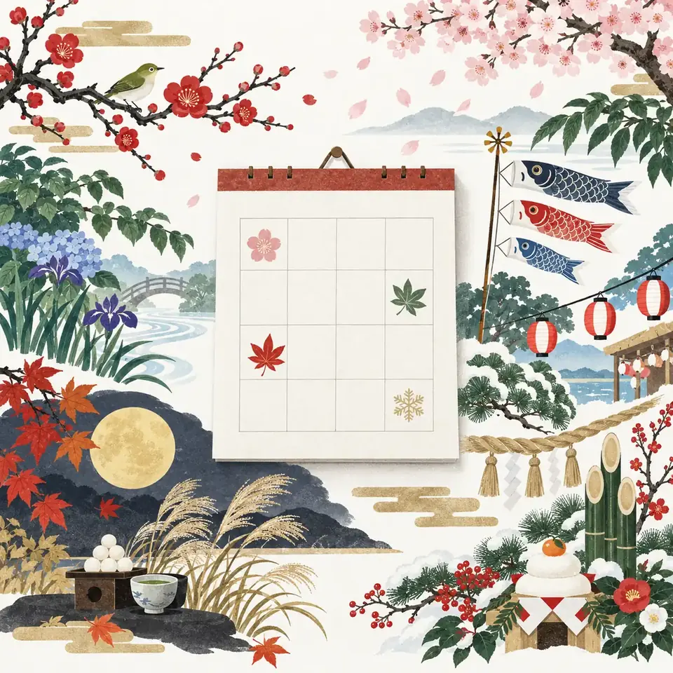 梅、花菖蒲、こいのぼり、紅葉など日本の四季を表す行事のイメージ